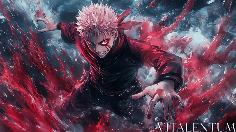 Intense anime fighter lunging through swirling red energy.