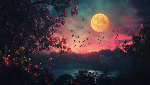 Full moon above lake with silhouetted trees and flying birds.