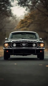 Classic black Mustang stands poised on a quiet forest road