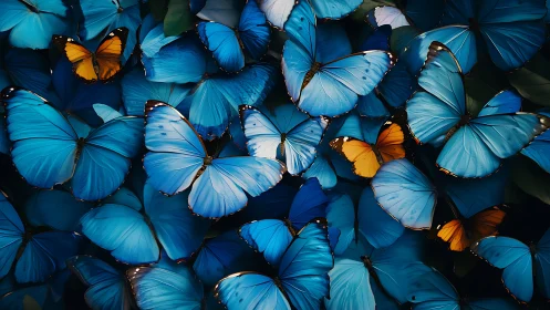 Chromatic clustering of blue Morpho butterflies with orange outliers.