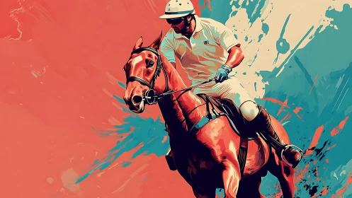 Polo player rides horse against stylized two-tone backdrop
