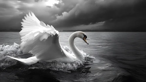White swan cuts dark stormy lake with lifted wings