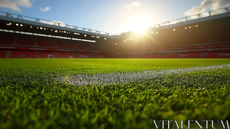 Low-angle sunlit football pitch foreground shows turf microtexture