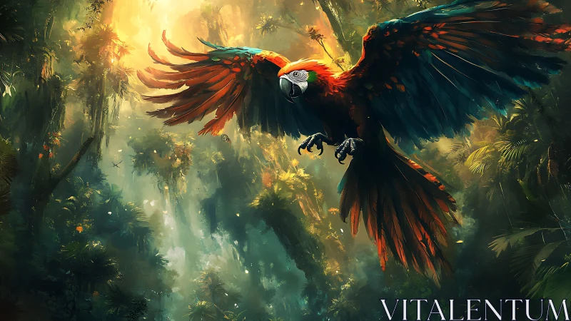 Vibrant scarlet macaw soaring through luminous jungle canopy.