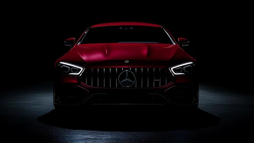 Red performance coupe front view in dramatic low key lighting.