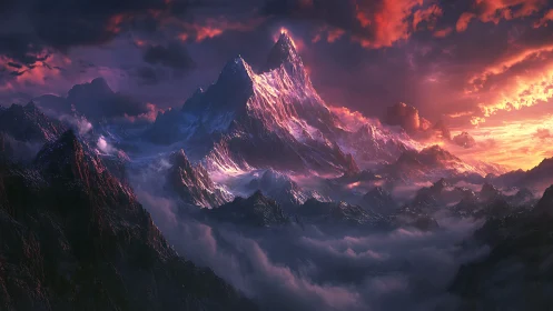 Dramatic fantasy mountain range under vivid sunset sky.