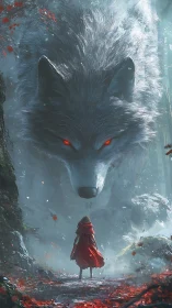 Crimson cloak and titanic wolf share a misty forest standoff.