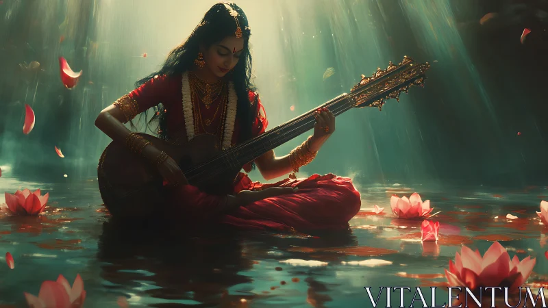 Woman in red sari playing veena on lotus filled water pool.