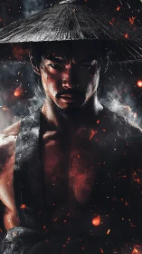 Samurai warrior stands in dark smoke with rising embers