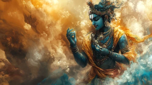Divine blue deity in jeweled regalia within swirling clouds.