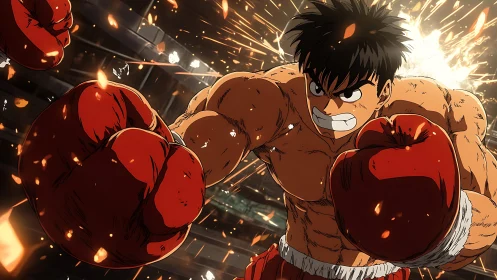 Boxer in red gloves delivers powerful punch amid explosion