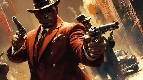 Gangster in red suit aims revolvers in dynamic street standoff