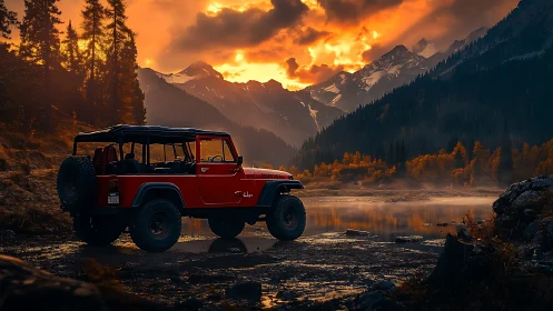 Photorealistic off‑road jeep at alpine lake under fiery sunset.