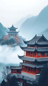 Tiered red pagodas in misty mountain valley with dense fog
