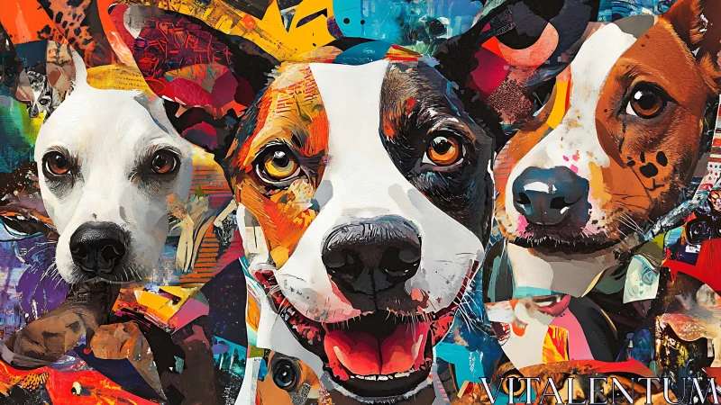 Trio of canine portraits in multicolored collage composition.