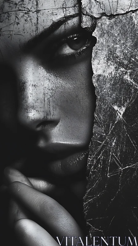 High-contrast monochrome portrait with fractured stone overlay