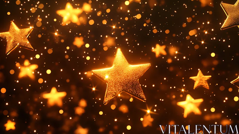 Glowing golden stars suspended in rich festive bokeh night.