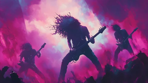 Rock band performs on stage with guitars in neon smoke