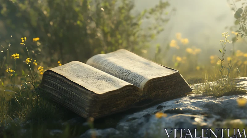Old open book lies on sunlit rock in wildflower field