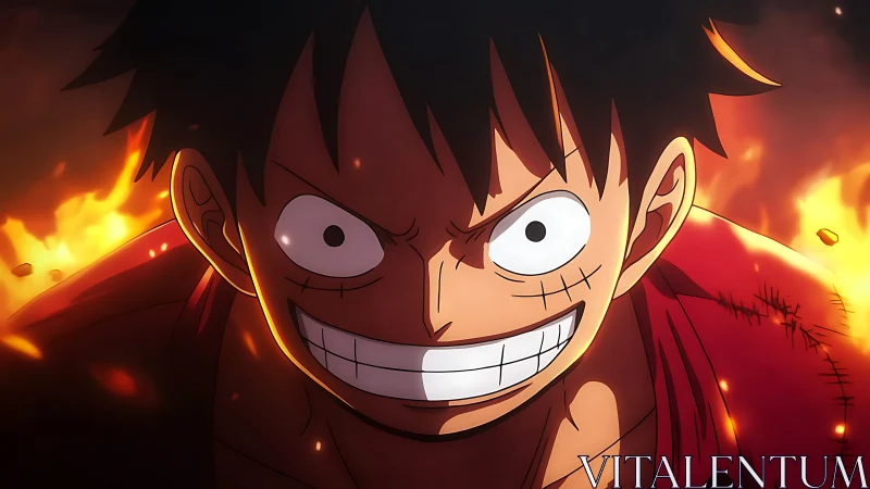 Fiery anime hero grins against blazing burning backdrop.