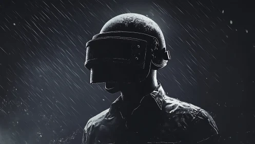 Armored soldier silhouette stands under hard driving rain