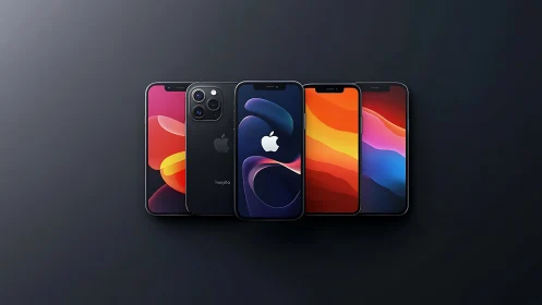 Five iPhone models display gradient wallpapers against dark background.