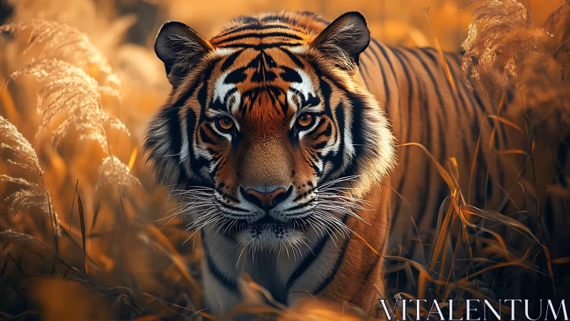High-detail tiger portrait advances through warm backlit grassland