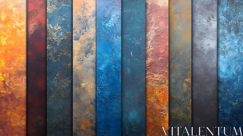 Textured metallic gradient panels in warm and cool hues.