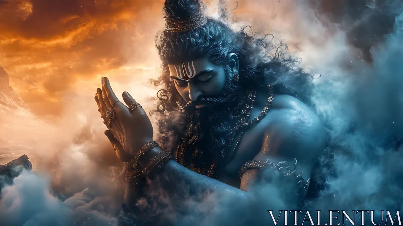 Digital painting of meditative deity amid bifurcated storm clouds.