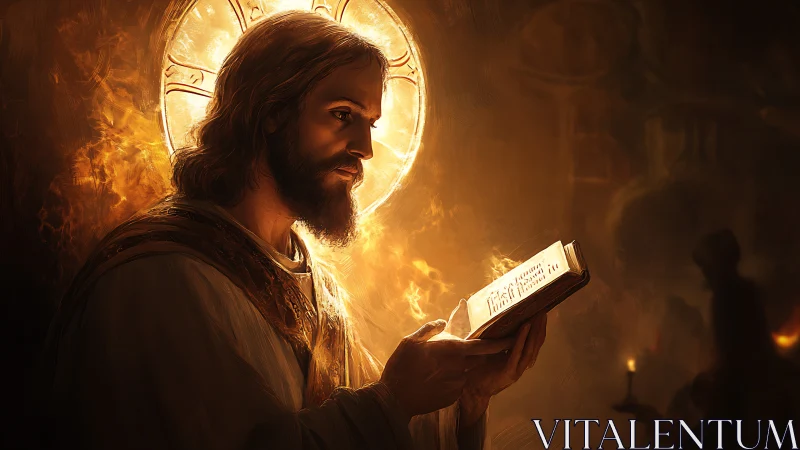 Sacred robed figure studies glowing scripture by candlelight.