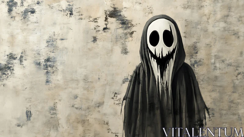 Dripping ghost in tattered hood against worn plaster wall.