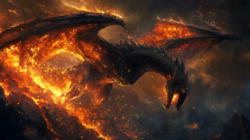 Inferno-winged obsidian dragon carving storms of molten dusk.