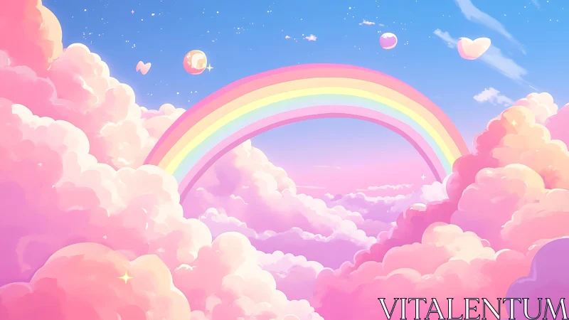 Pastel rainbow arch over dreamy pink cotton clouds.