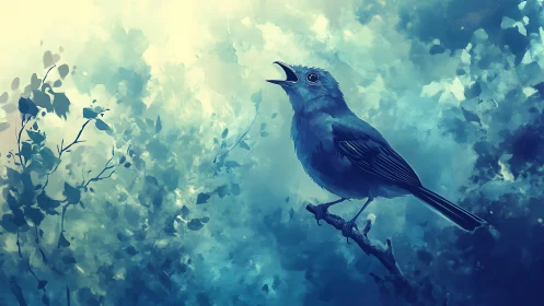 Solitary songbird perched on branch with watercolor atmospheric depth layering.