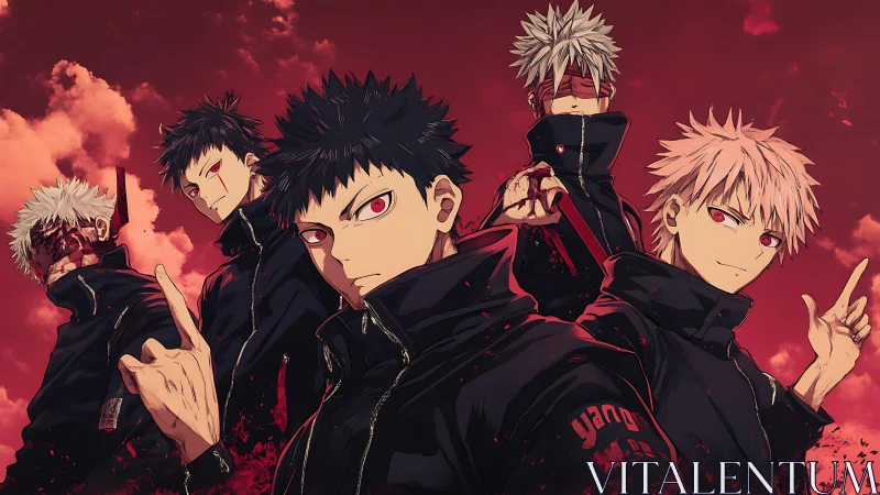 Five red-eyed fighters pose against blood-red storm sky