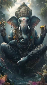 Divine elephant deity meditates in a misty jungle shrine
