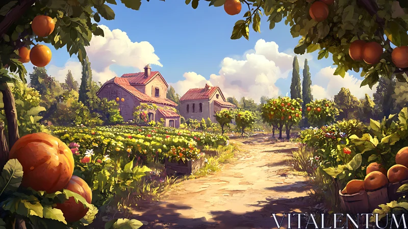 Sunlit country orchard frames a peaceful farmhouse path.