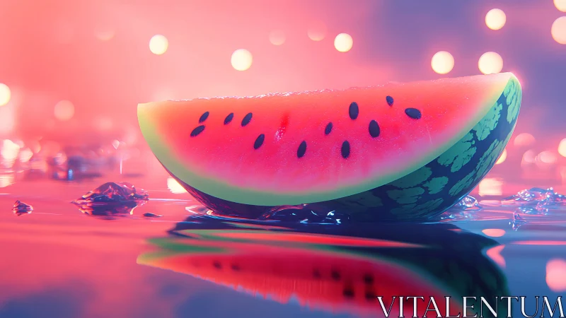 Luminous watermelon slice on reflective neon surface.
