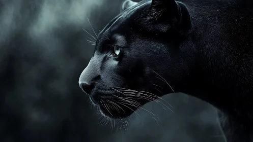 Black panther head in profile against blurred atmospheric background