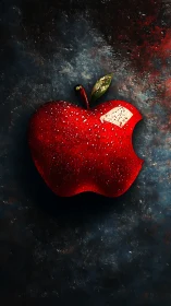 Crimson bitten apple logo glistening on stormy canvas night.