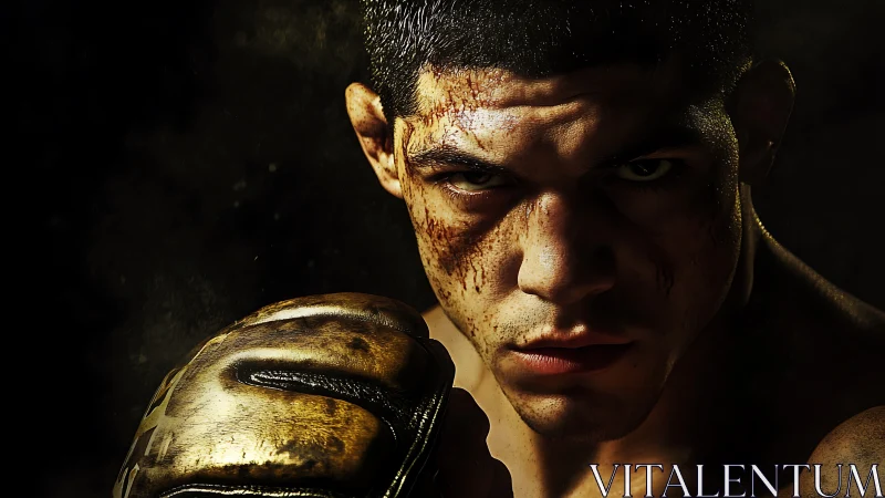 Determined Fighter. Dramatic Portrait of Boxer with Bloodied Face.