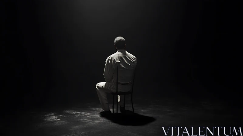 Solitary man sits under narrow spotlight in dark void