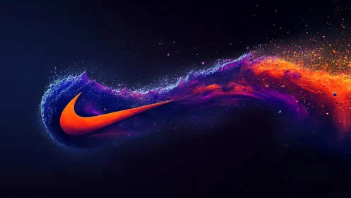 Orange swoosh logo with flowing neon particle trail.