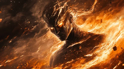Fiery humanoid figure emerging from swirling orange flames.