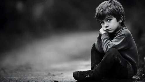 Melancholic child sits alone on empty road in grayscale