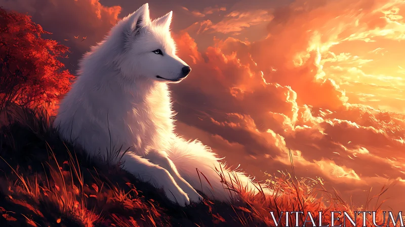 White wolf observes a blazing sunset in painterly chromatic depth