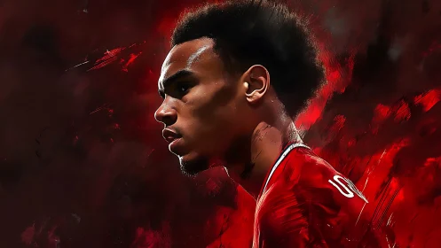 Digital portrait of focused footballer in red kit profile.
