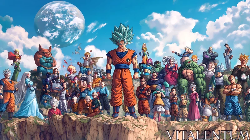 Ensemble anime warriors stand unified on rocky plateau under sky