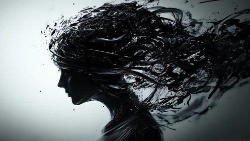 Silhouette portrait with flowing abstract black ink hair.