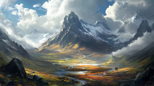 Digital painting of monumental alpine valley with dramatic light.